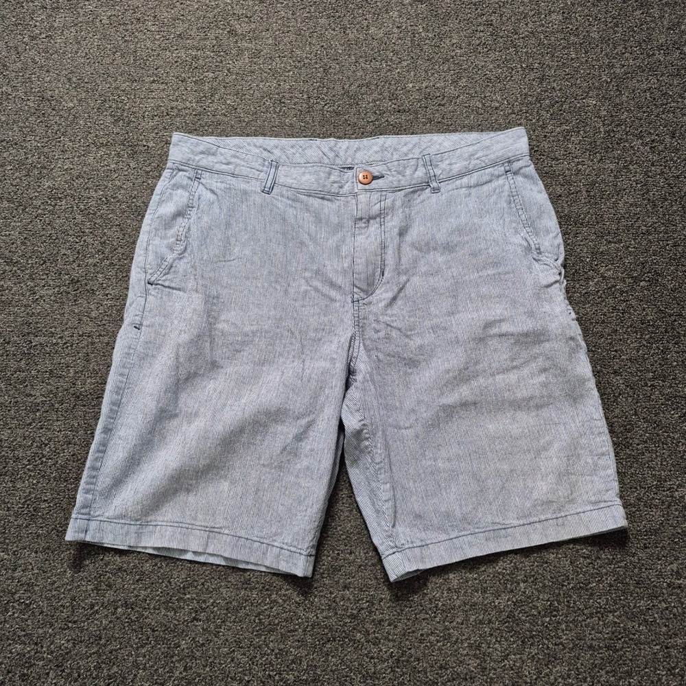 Tommy Bahama Linen Blend Shorts Blue White Striped Mens 36 Flat Front‎ Casual